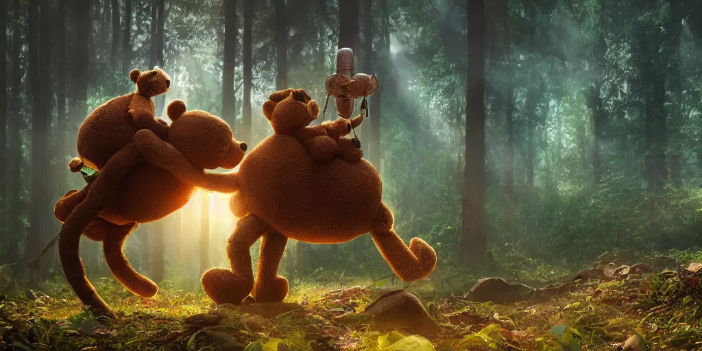 Image similar to a giant ant is riding a giant teddy bear in a forest, moody, cinematic light, fantasy art, highly detailed, 8k