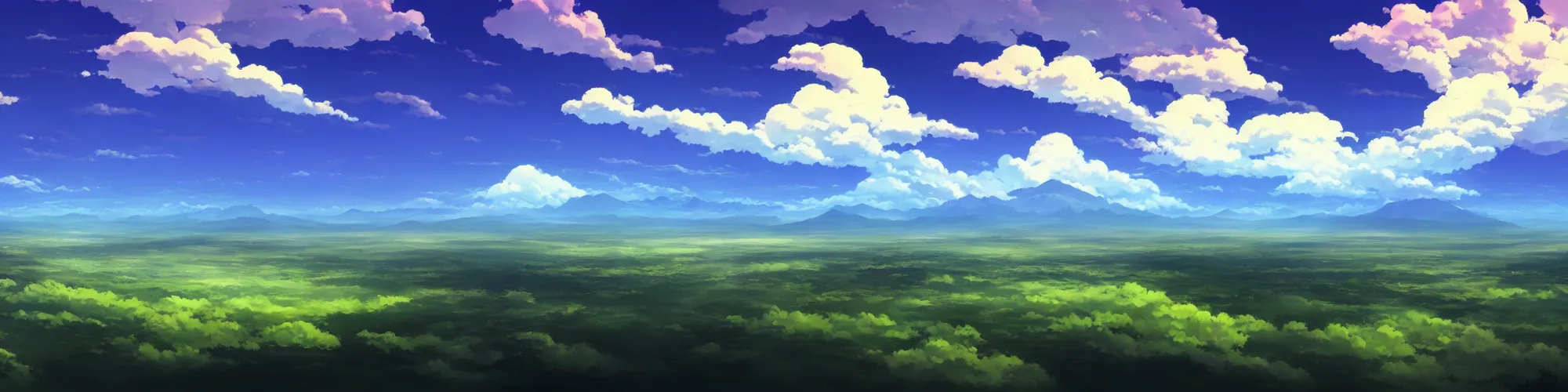 Image similar to panorama view of the sky. matte painting, anime, studio ghibli. professional digital painting, artstation, concept art, smooth, beautiful, cinematic. no mountains and trees.