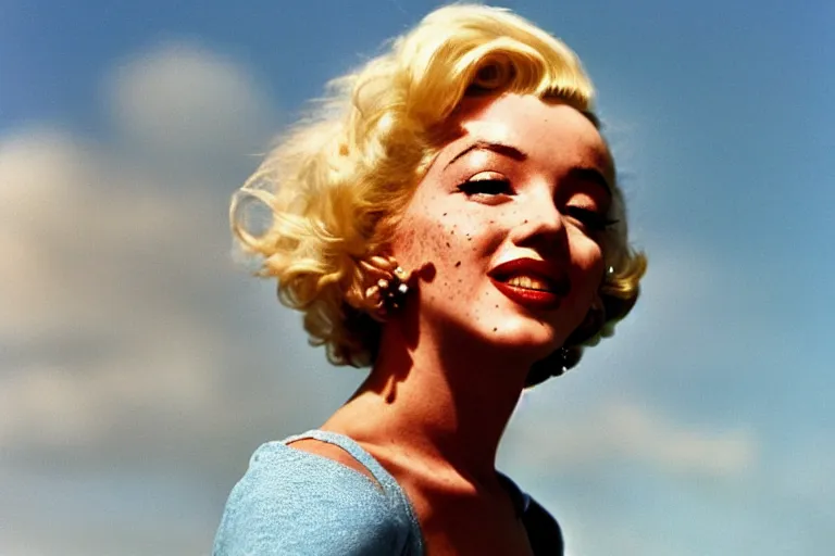 Prompt: natural 8 k close up shot of marilyn monroe with freckles, natural skin and beauty spots in a 2 0 0 5 romantic comedy by sam mendes. she stands and looks on the horizon with winds moving her hair. fuzzy blue sky in the background. no make - up, no lipstick, small details, wrinkles, natural lighting, 8 5 mm lenses, sharp focus