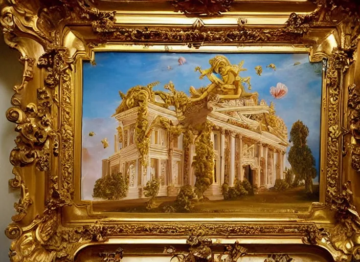 Prompt: a house with walls made out of cheeto's, flowers around the cheeto's, cherubs in the air, a painting in the baroque style, a painting in the rococo style, ornate golden frame