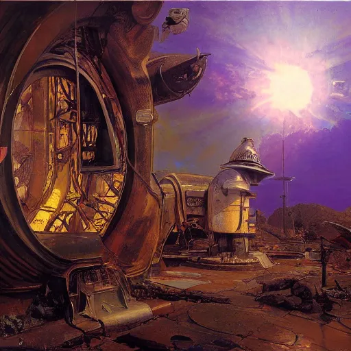 Prompt: painting of syd mead artlilery scifi organic shaped well with ornate metal work lands on a farm, fossil ornaments, volumetric lights, purple sun, andreas achenbach
