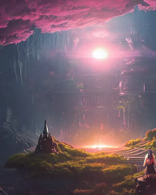 Prompt: alien temple, beautiful landscape, nier automata, protoss!!!!, machine planet, mothership in the sky, pink sun, tropical forest, colorful light, advanced technology, cinematic lighting, highly detailed, masterpiece, art by bastien grivet and darwin cellis and jan urschel