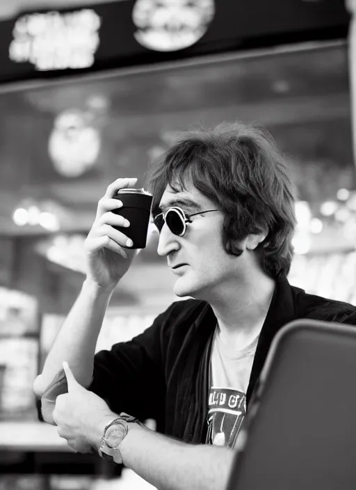 Image similar to john lennon sitting inside a starbucks and taking a picture of his drink cup with his iphone 1 2, black and white photo, real, photorealistic