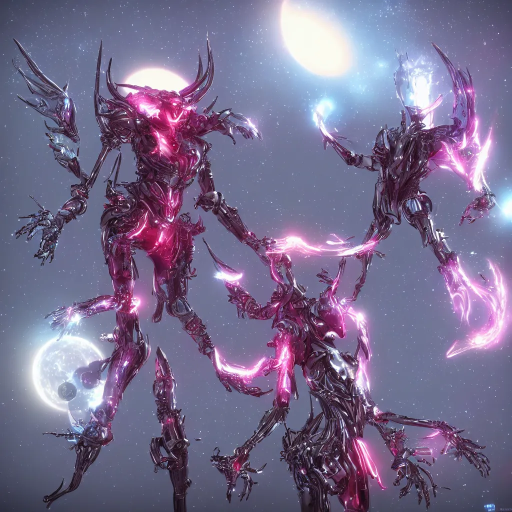 Prompt: the most beautiful cosmic android robot female devil, long glowing horns, huge wispsy wings, devil wings, into the cosmic sun, photo pic by unreal engine