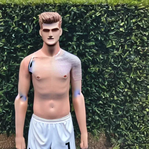 Image similar to a realistic detailed photo of a guy who is an attractive humanoid who is half robot and half humanoid, who is a male android, soccer player timo werner, shiny skin, posing like a statue, blank stare, in a living room, on display, showing off his muscles