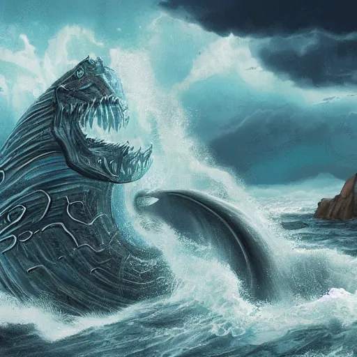 Image similar to huge sea monster, towering over you, colossal giant, mythical sea creature, epic, waves, rough ocean, stormy, gigantic huge sea monster, extremely detailed, intricate digital art, 8 k