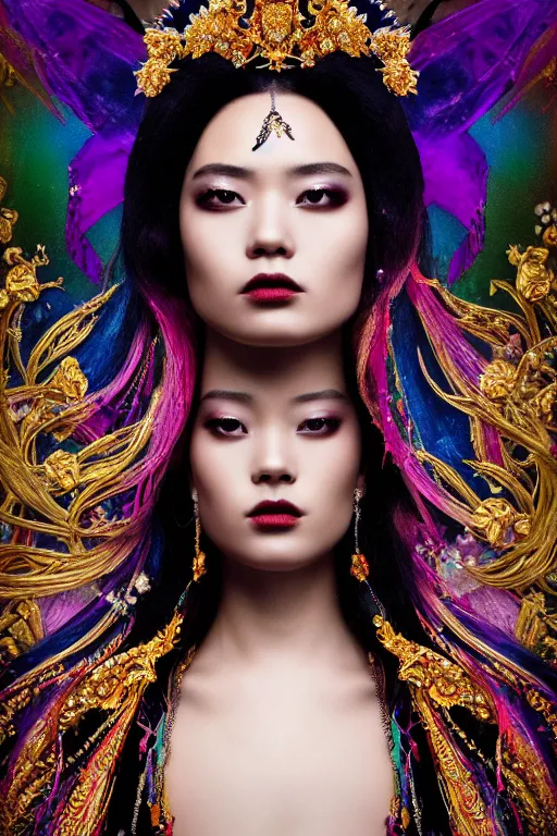 Image similar to a singular beautiful empress dramatic portrait, black hair, with a brilliant, impossible striking shiny big multi colored crystal headpiece, symmetrical, reflective surface, rainbow crystal clothes, rococo, baroque, jewels, asian, realistic, dramatic studio lighting, closeup, D&D, fantasy, intricate, elegant, highly detailed, digital painting, artstation, octane render, 8k, concept art, matte, sharp focus, illustration, art by Artgerm and Greg Rutkowski and Alphonse Mucha