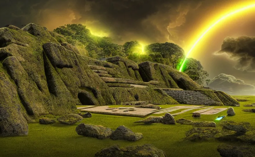 Prompt: very detailed photograph of an elaborate precolombian ancient alien spaceport with spacecraft on landing pads and glowing extradimensional portals, at magic hour. background foliage, rocks with lichen. cumulonimbus storm clouds float over