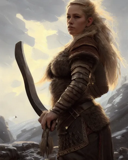 Image similar to cinematic shot epic portrait an female viking holding an stone axe, winter backround, cloudy, dust, shiny skin, beautiful, fine details. night setting. realistic shaded lighting poster by craig mullism, artgerm, jeremy lipkin and michael garmash, unreal engine, radiant light, detailed and intricate environment, digital art, trending on art station,