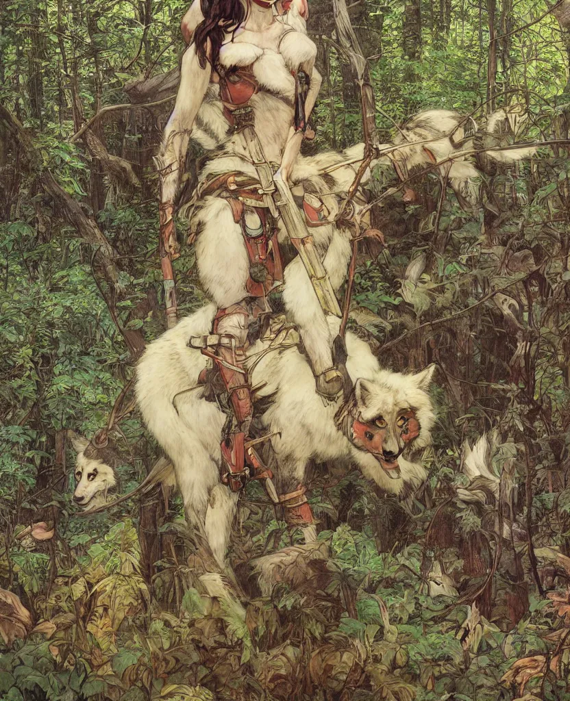 Image similar to portrait of Princess Mononoke, wolves, fully clothed in armor, lush forest, neon, concept art, schematics, painted by norman rockwell, mucha, james gurney, high detail, denoised, sharp, architectural