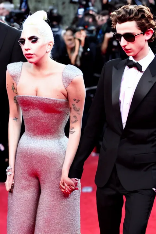 Image similar to timothee chalamet and lady gaga holding hands on the red carpet, beautiful detailed faces, canon eos