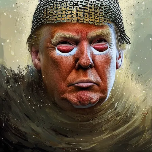 Prompt: eyes face nose mouth ears portrait of Donald Trump wearing chainmail whilst twirling a spear ismail inceoglu ishbel myerscough