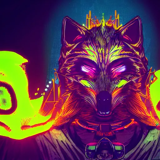 Image similar to wolf headed shaman, meditating, floating, angry, cyberpunk, junkyard, neon glow, electric glow, dark dynamic lighting