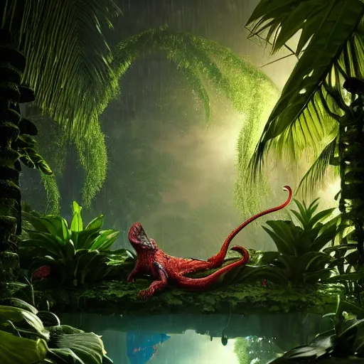 Image similar to creature in a lush tropical vegetation, water reflection, night, backlit : : by michal karcz, daniel merriam, victo ngai and guillermo del toro : : ornate, dynamic, particulate, intricate, elegant, highly detailed, centered, artstation, smooth, sharp focus, octane render, 3 d