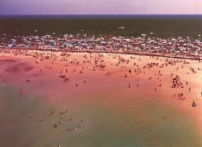 Image similar to close-up color film photography 1970s, aerial view of the beach with a lot of people, soft focus, golden hour, soft light, 35mm, film photo, Joel Meyerowitz