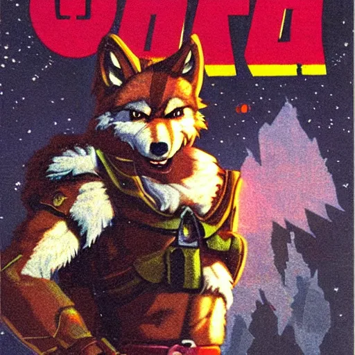 Image similar to 1 9 8 0 s video game art of anthropomorphic wolf o'donnell from starfox fursona furry wolf in a dark space mercenary uniform, looking heroic, magazine scan, 8 0 s game box art, dark grey wolf o'donnell