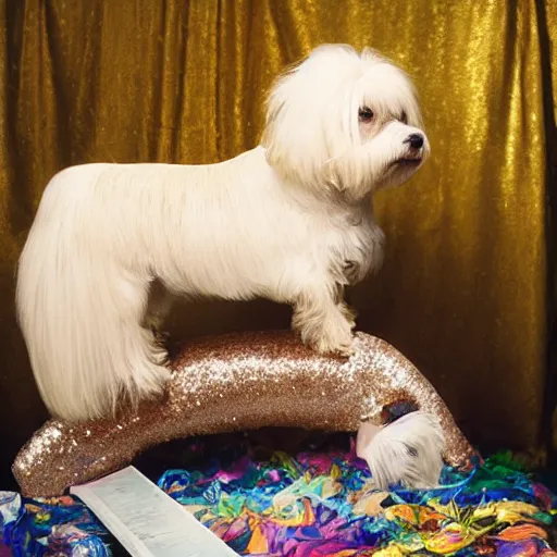 Image similar to a cream - colored havanese laying on top of a plastic sequined horse, a renaissance painting in the background, photo by david lachapelle, behance, transgressive art, renaissance painting, freakshow, official art