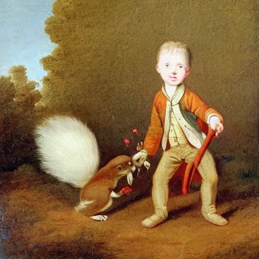 Prompt: painting from 1 7 0 0 s boy with his pet squirrel