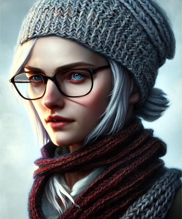 Prompt: ciri dressed as a hipster, glasses, knitted hat, flannel, scarf, beautiful, highly detailed face, true anatomy!, extremely detailed!, digital painting, unreal engine 5, art by tom bagshaw