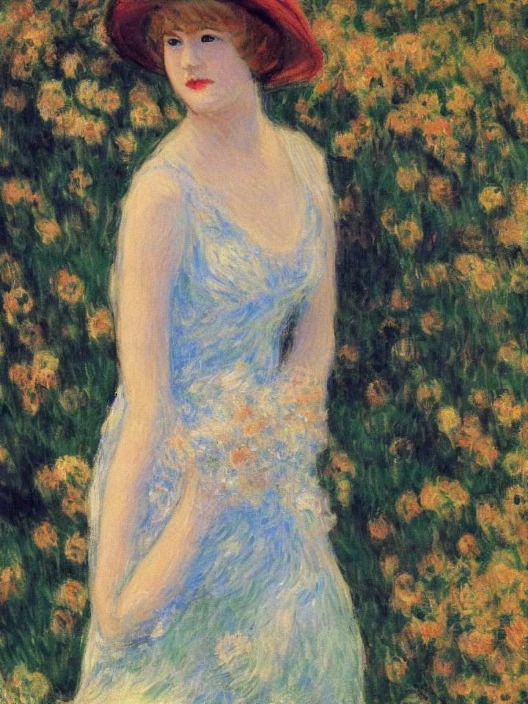 Image similar to portrait of < zelda fitzgerald > as a beautiful young lady, in the sun, slim, out of focus, pleinairism, backlit, closeup, oil on canvas, atr by monet, in the style of le promenade, smooth, impressionnisme, 8 k