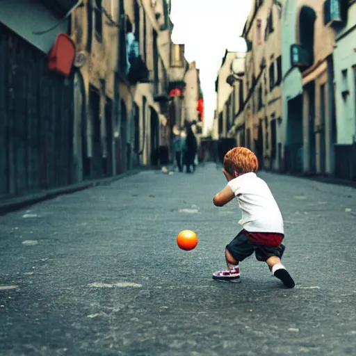 Prompt: a boy playing with a ball in the street vintage style