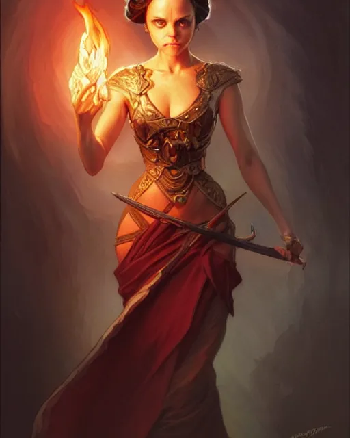 Image similar to Christina Ricci (2000) casting a fire spell, D&D, fantasy, intricate, elegant, highly detailed, digital painting, artstation, concept art, matte, sharp focus, illustration, hearthstone, art by Artgerm and Greg Rutkowski and Alphonse Mucha