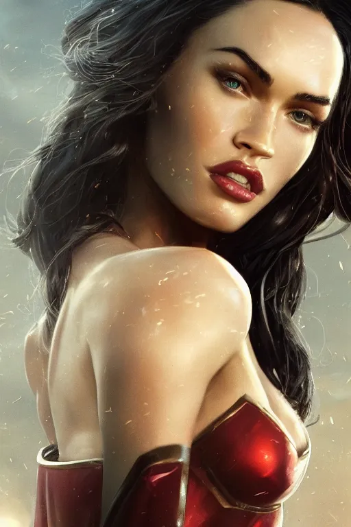 Image similar to a fancy close up of Megan Fox as Man of Steel by Greg Rutkowski, Sung Choi, Mitchell Mohrhauser, Maciej Kuciara, Johnson Ting, Maxim Verehin, Peter Konig, 8k photorealistic, cinematic lighting, HD, high details, dramatic, trending on artstation, full body shot