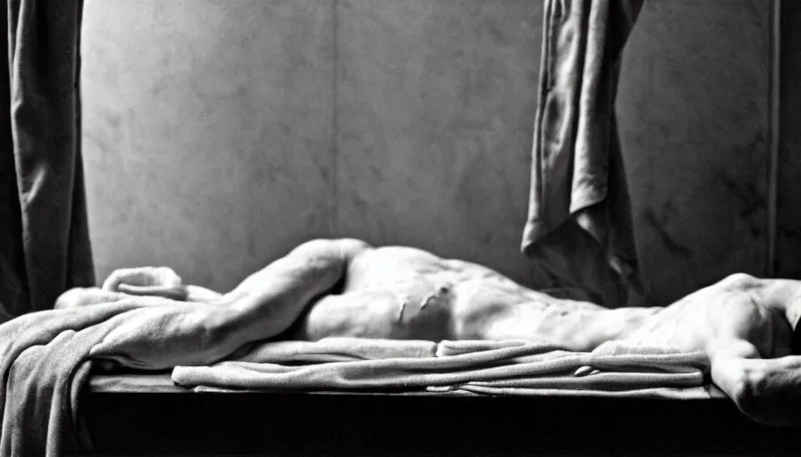 Prompt: movie still of jean - paul marat dead in a bath with drapery in a neoclassical corridor, cinestill 8 0 0 t 3 5 mm b & w, high quality, heavy grain, high detail, cinematic composition, dramatic light, anamorphic, ultra wide lens, hyperrealistic, by josef sudek
