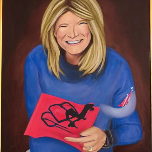 Image similar to painting of martha Stewart skydiving enthusiastically