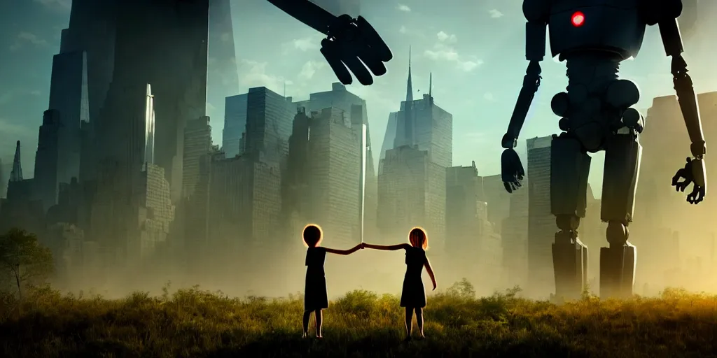 Image similar to sci - fi scene future new york cityscape, orphaned girl in manhattan holding the outstretched hand of an iron giant robot, forest punk, crepuscular rays, epic scene, hyper realistic, photo realistic, overgrowth, cinematic atmosphere, ethereal lighting,