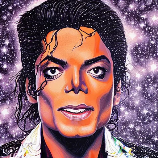 Prompt: painting of Michael Jackson by Sandra Chevrier, trending on Artstation, sharp focus illustration, cosmic background, intricate, hyperdetailed