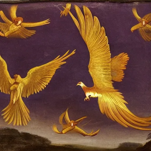 Prompt: a pidgeon and a pheonix flying in a circular symbol in the style of a renaissance painting in purple and gold