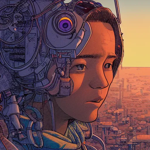 Prompt: hyper detailed comic illustration of a young explorer wearing a cyberpunk headpiece watching the sunset in the distance, by Josan Gonzalez and Geof Darrow, highly detailed, 8k wallpaper