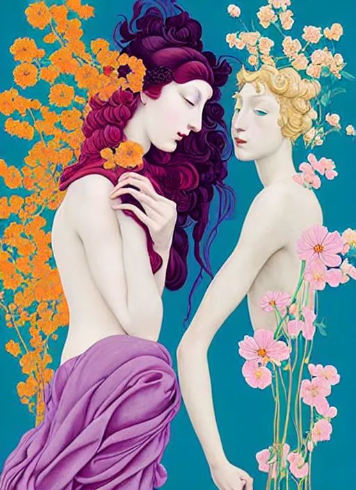 Image similar to 3 Spring Muses symbolically representing March, April, and May, in a style blending Æon Flux, Peter Chung, Shepard Fairey, Botticelli, Ivan Bolivian, and John Singer Sargent, inspired by pre-raphaelite paintings, shoujo manga, and cool Japanese street fashion, dramatically blossoming flora and fauna, petals falling everywhere, pastel vivid triad colors, hyper detailed, super fine inking lines, ethereal and otherworldly, 4K extremely photorealistic, Arnold render