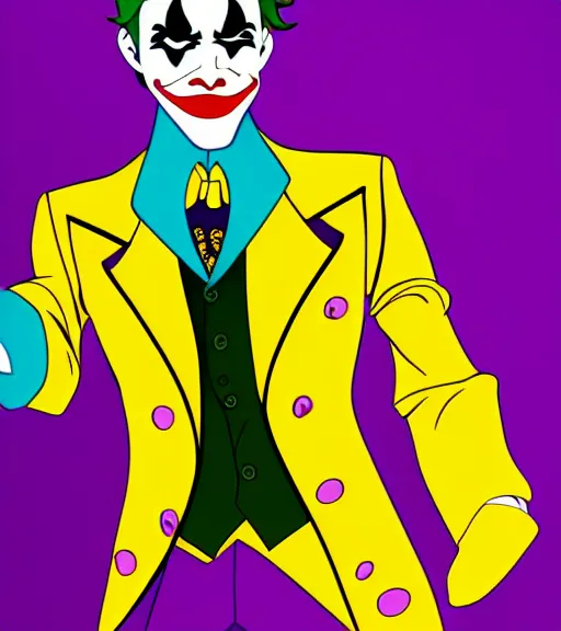 Image similar to joker wearing purple suit, yellow background, disney movie poster style, animation