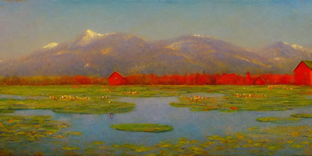 Image similar to impressionism painting of a pond of water lily on a foggy morning, red barn in distance, sun low on horizon through snow capped mountains, soft light