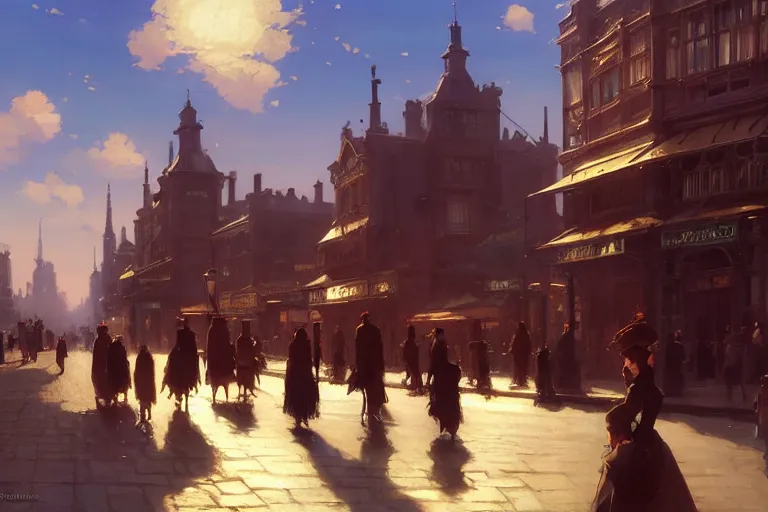 Image similar to an victorian city, scene in the sun. 1 8 9 0, key visual, conceptart, ambient lighting, highly detailed, digital painting, artstation, concept art, sharp focus, by makoto shinkai and akihiko yoshida and greg manchess