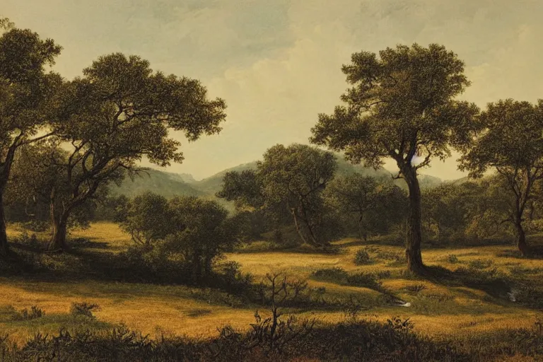 Image similar to masterpiece print of oak trees on a hillside overlooking a creek, by william seltzer rice