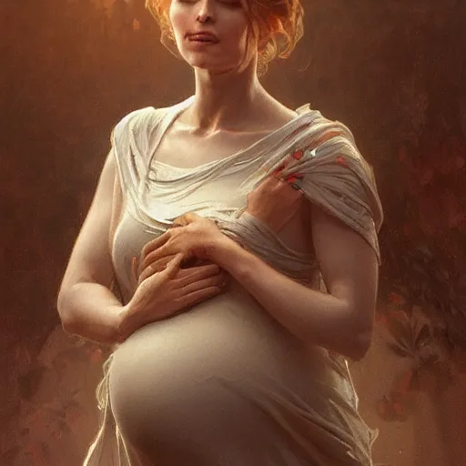 Prompt: A pregnant woman with closed eyes smiling, very detailed face, gorgeous, beautiful, intricate, highly detailed, digital painting, artstation, concept art, sharp focus, illustration, art by greg rutkowski and alphonse mucha