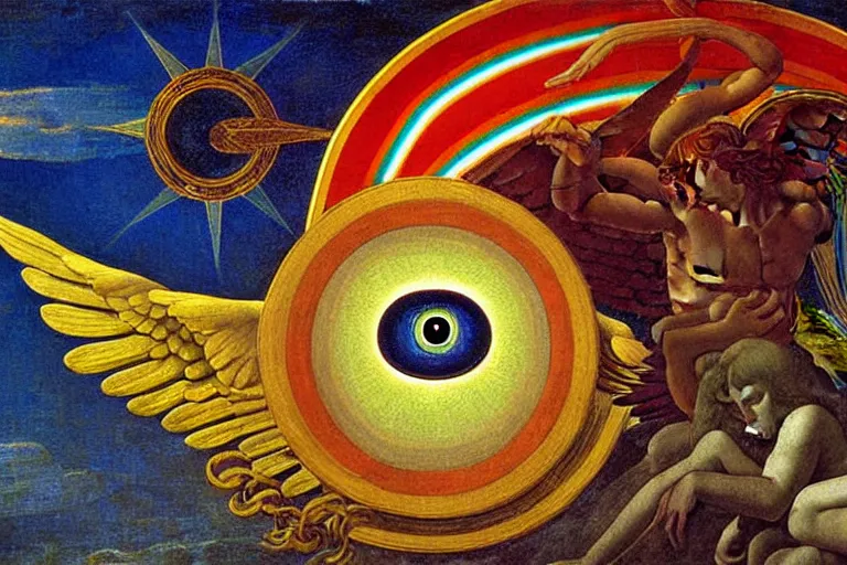 Image similar to painting of rainbow ophanim surrounded by large diagonally rotating rings, ophanim has bird wings, giant eyeball in the middle of the ophanim, by roberto. ferri, sandro botticelli, by caravaggio, by alexandre cabanel, by george clark stanton, amazing details, mythological, biblical, beautiful composition