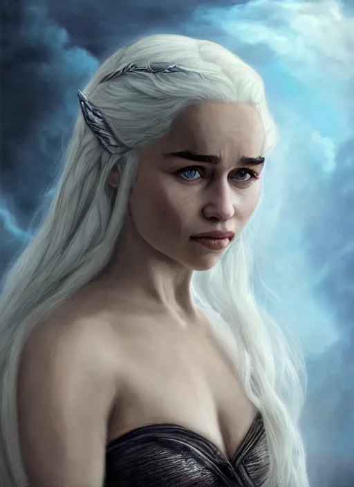 Prompt: emilia clarke as queen daenerys stormborn when she is happy, by anne stokes and larry elmore, detailed matte painting, realistic portrait, symmetrical, highly detailed, digital painting, artstation, concept art, smooth, sharp focus, illustration, cinematic lighting, 8 k resolution