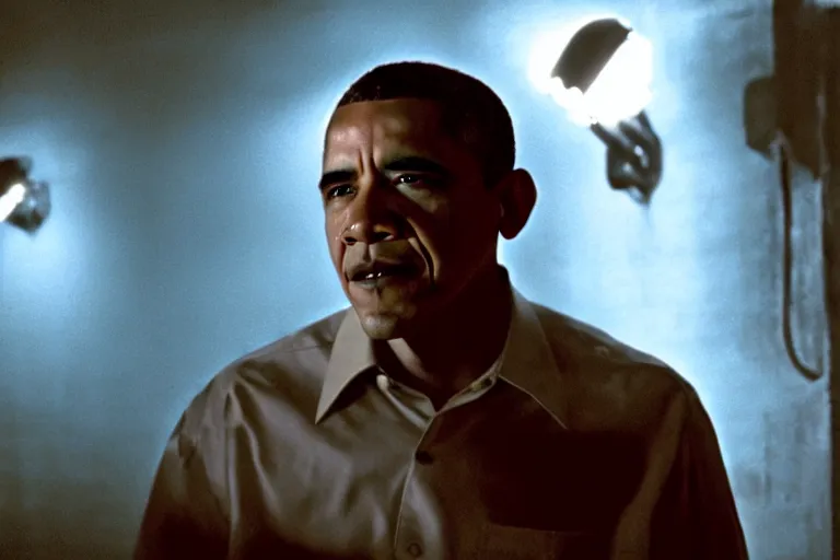 Prompt: barack obama on the electric chair, a still from the green mile, dramatic lighting