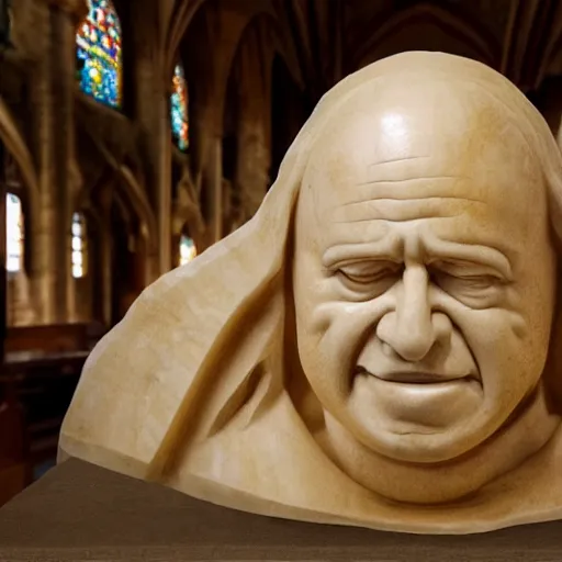 Image similar to the sarcophagus of the medieval king danny devito, carved in alabaster, church interior, hd