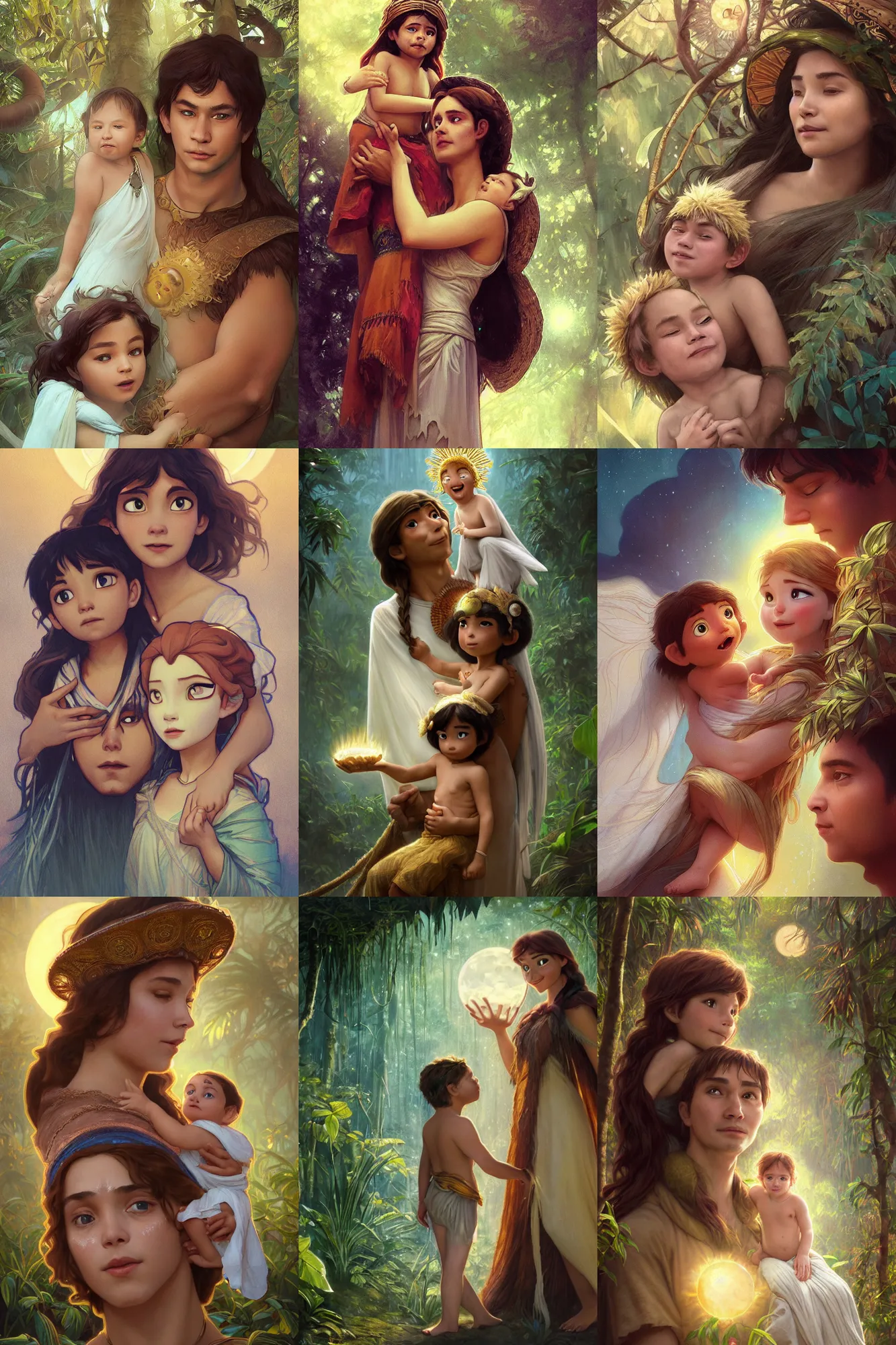 Prompt: a cinematic portrait of a beautiful family photograph close up moment of a young sun god and moon goddess magician family with child, portrait, wearing wide sunhat mushroomcore, jungle book Frozen Klaus film, digital painting, artstation, concept art, illustration, Frozen II art masterpiece by art by Krenz Cushart, Artem Demura, alphonse mucha, yoji shinkawa, ArtGerm, Jon Lothian, Danilo Torres, Adi Meyers, Thomas Reimann, Gaston Bussiere