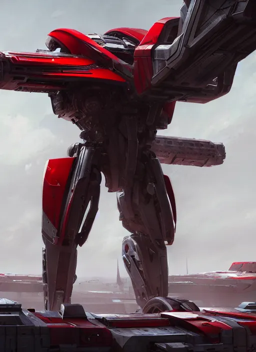 Image similar to wide view of epic muscular mechanical futuristic war machine with red and white accent. highly detailed, digital painting, concept art, smooth, sharp focus, illustration, art by greg rutkowski