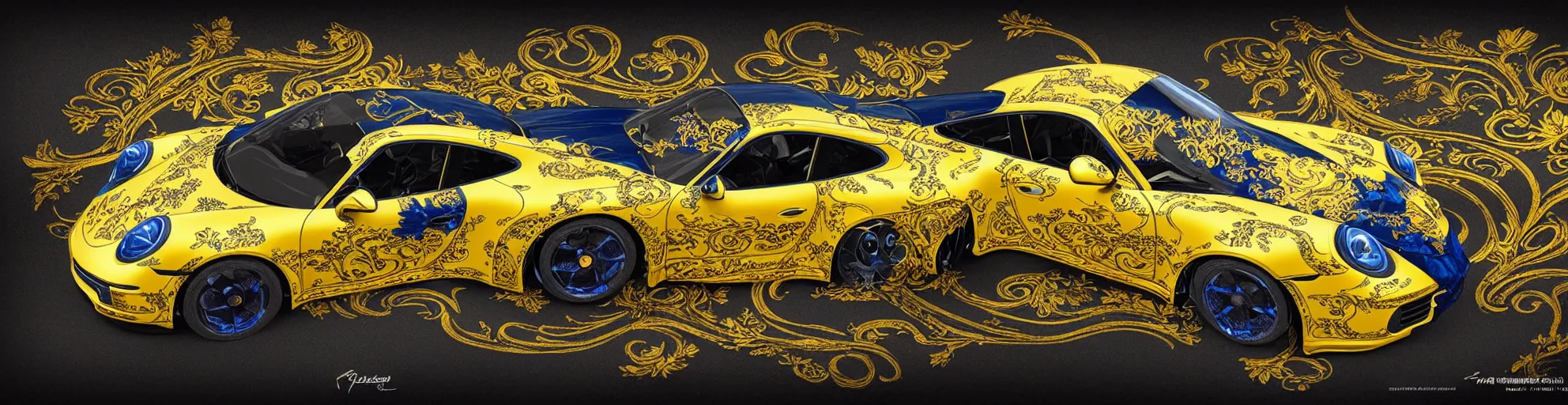 Prompt: black blue yellow porsche 9 1 1, complicated gold and blue flowers the baroque style decoration, dark fantasy, intricate, elegant, highly detailed, digital painting, artstation, concept art, matte, 3 d 8 k octane rendered, sharp focus, illustration, octane rendered, art by artgerm