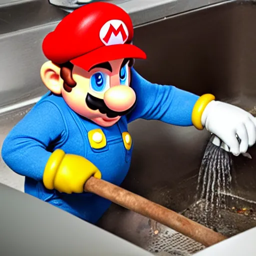 Prompt: Mario the plumber fixing the pipes under the kitchen sink