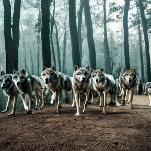 Prompt: a pack of wolves approaching you in a forest