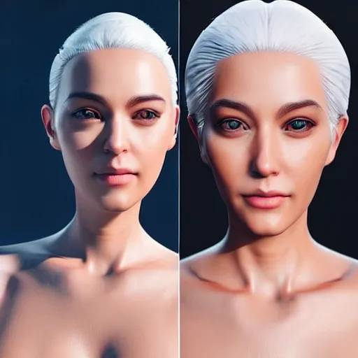 Prompt: “These 3D portraits are unbelievably incerdibly realistic. unreal engine 5. nvidia hairworks. RTX. portrait of Gorgeous girl with white hair and perfect face. futuristic. In bodysuit. very high detailed. By Bobbang. perfect facial detail, beautiful, elegant. Portrait