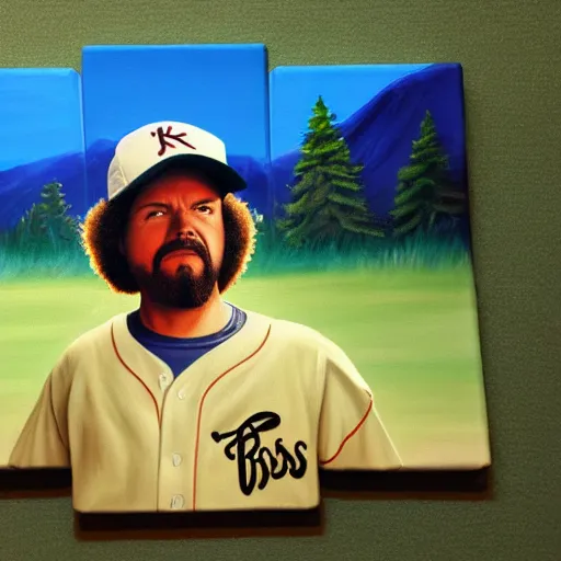 Prompt: a closeup photorealistic photograph of bob ross style kenny powers baseball, painting on canvas. mountains and trees. film still. brightly lit scene. this 4 k hd image is trending on artstation, featured on behance, well - rendered, extra crisp, features intricate detail, epic composition and the style of unreal engine.